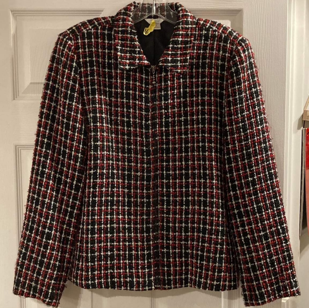 Red, white, black jacket
